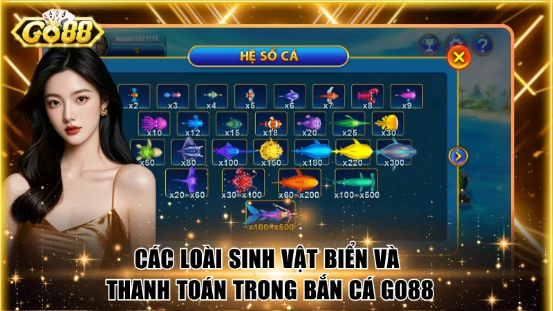 Các loài sinh vật biển và thanh toán trong bắn cá Go88